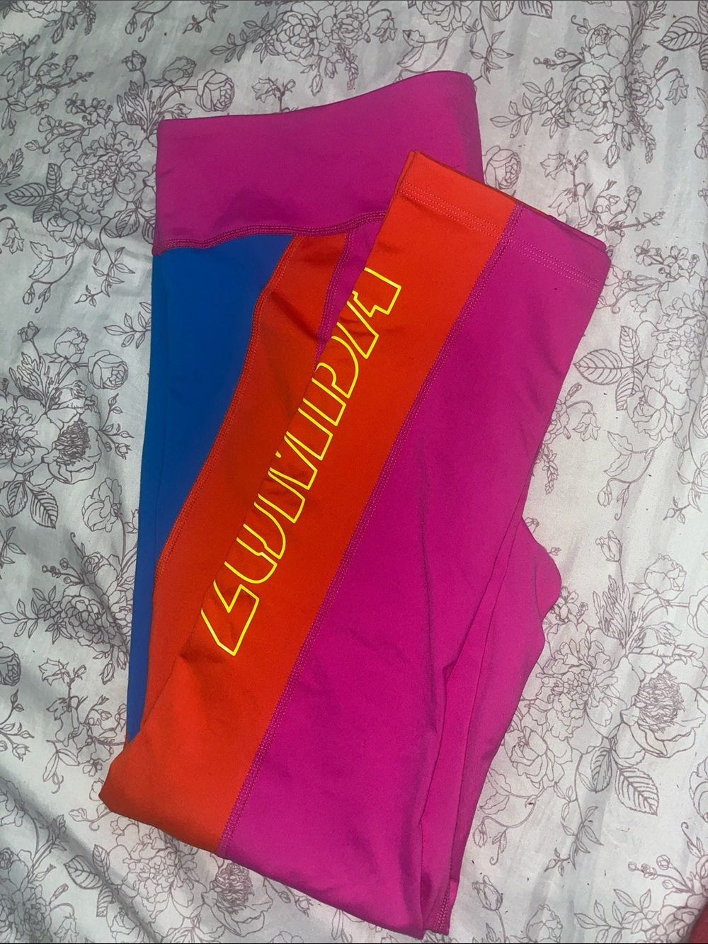 Zumba Fitness Pink, Blue & Orange Colorblock Leggings with Yellow Logo